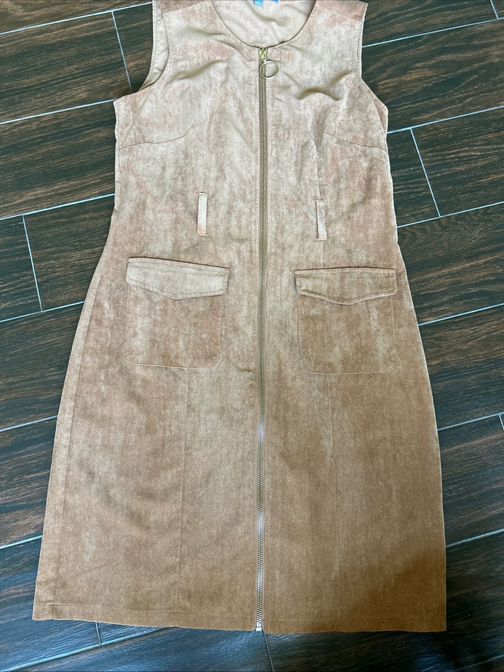 Sleeveless Front-Zip corduroy Brown Dress